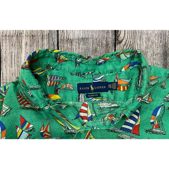 Ralph Lauren Summer Linen Button Down Shirt Green Boats Size XXL - Picture 3 of 5